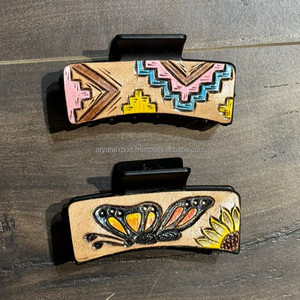 Wholesale Women's Hair Accessories Hand <b>Tooled</b> Leather Hair <b>Clips</b> High Quality Cowhide Leather Customized Floral Hair Claw <b>Clips</b> - Product Image 2