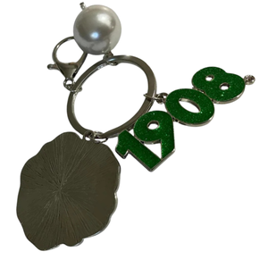 AKA Silver Pearl Keychain with Pink Flower and Green 1908 <b>Charm</b> Pink & Green <b>Bag</b> <b>Charm</b> Key Ring Accessory - Product Image 4