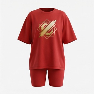 Ensemble 2 pièces rouge pour femme : T-shirt à manches courtes et short au-dessus du genou, imprimé géométrique décontracté, coupe ample, idéal printemps-été - Product Image 1