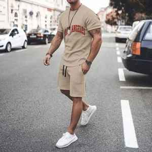 Ensemble T-shirt et short pour homme, imprimé Los Angeles, kaki, décontracté, été, respirant, tricoté, deux pièces, fabricant OEM - Product Image 4