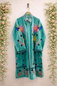 Turquoise Embroidered Velvet Long Suzani Jacket With Floral And <b>Bird</b> Pattern <b>Stand</b> Collar Full Sleeve Boho Style Winter Wear - Product Image 5