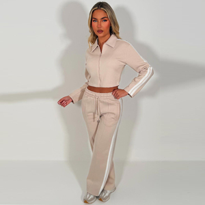 Women's Beige Tracksuit Set Full Sleeve <b>Cropped</b> Jacket With Side Stripe Loose Fit Joggers Sporty Casual Wear All Seasons - Product Image 6