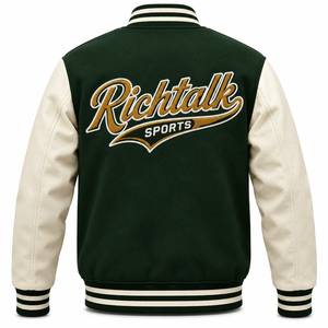 Unisex Varsity Jacket Green for Leather Sleeves Embroidered Logo <b>Covered</b> <b>Button</b> Eco-Friendly Winter Wear - Product Image 2