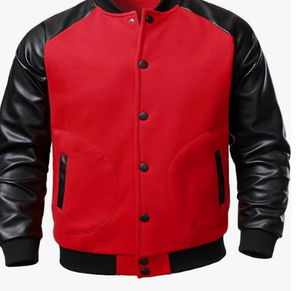 Men's Red Varsity Jacket Stand Collar <b>Covered</b> <b>Button</b> Closure Regular Fit Breathable High Street Style Winter Wear Canvas Fabric - Product Image 5