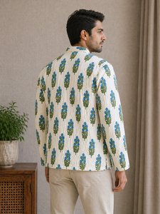 Unisex Winter Quilted Floral Buta Hand Block Printed <b>Mandarin</b> <b>Collar</b> Full Sleeve Breathable Ethnic <b>Jacket</b> Pure Indian Cotton - Product Image 4