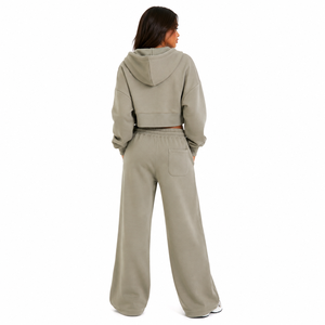 Ensemble décontracté pour femmes, gris pierre, avec veste courte zippée et pantalon large, personnalisable avec logo, OEM, ODM, marque privée, fournisseur en gros - Product Image 2
