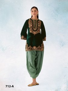 Women's <b>Green</b> Embroidered <b>Velvet</b> Kurta With Dhoti Pants Traditional Indian Pakistani Wedding Wear Regular Fit Ankle-Length - Product Image 1