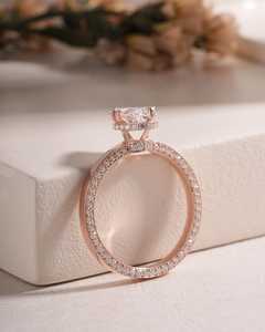 Anillo de lujo con halo oculto tipo catedral y diamante ovalado de 1.01 quilates para mujer, de oro rosa de 14K, cultivado en laboratorio, regalo de compromiso para novia - Product Image 4