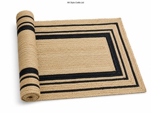 Alfombra de Yute Hecha a Mano, Duradera, Rectangular, con Patrón Geométrico Tradicional, Borde Negro Trenzado, Grosor Medio, 100% para Exteriores - Product Image 4