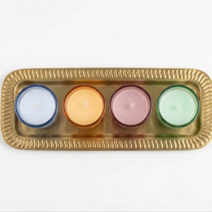 Set of 4 Votive <b>Candles</b> in Colored Glass Holders with Decorative Gold <b>Tray</b> - Product Image 1