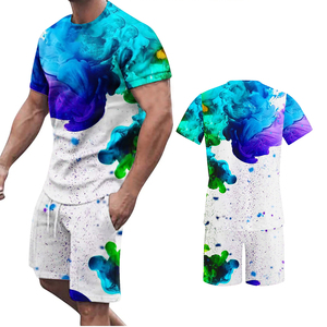 Men's Casual Short Sleeve T-<b>Shirt</b> And Shorts Set Digital Printed Colorful Ink Pattern Breathable <b>Polyester</b> Summer Wear - Product Image 4