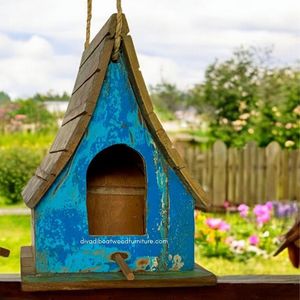 Nichoir pour oiseaux en bois recyclé, fait main, durable, en forme de bateau, couleur bois vieilli, cage à oiseaux originale, pour petits oiseaux d'extérieur - Product Image 2