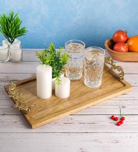 Plateau de service décoratif en bois de manguier avec poignées en feuille d'or, rectangulaire, pour vanité, mariage, événement, accent décoratif - Product Image 6