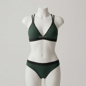 Ensemble bikini côtelé vert pour femme, haut triangle à col ras du cou, bas échancré, bordure contrastante, en Spandex et Polyester extensible, écologique - Product Image 1