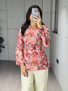 Conjunto de Kurti Corto de Algodón Cambray Estampado de Moda con Pantalones Palazzo – Ropa Casual Chic - Product Image 4