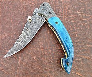 Couteau de chasse tactique en acier Damas, couteau de survie d'extérieur de qualité industrielle 58HRC, lame pleine longueur, système de verrouillage à ressort, OEM B/B - Product Image 1