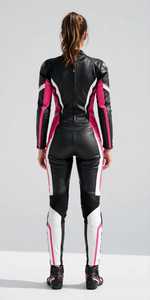 Women <b>Black</b> Pink White Leather Motorcycle Racing Suit Color Blocked <b>One</b> Piece <b>Bodysuit</b> Full Sleeve - Product Image 2