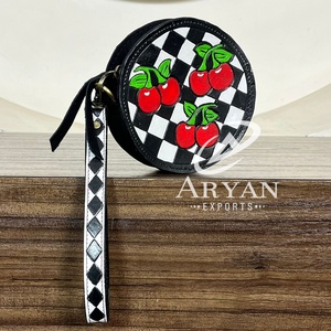 Western Cherry Round Coin Purse Checkered Wristlet for Women Handmade <b>Tooled</b> <b>Leather</b> Zipper Wallet Cute Checkerboard <b>Pouch</b> Bag - Product Image 1