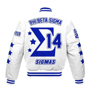 เสื้อแจ็คเก็ต Phi Beta Sigma สำหรับผู้ชาย สีขาว ปักตัวอักษรสีน้ำเงิน สไตล์ Preppy ปกคอพับ ทรงปกติ เหมาะสำหรับใส่ในฤดูหนาว - Product Image 4