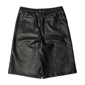 Men's Black PU Coated Bermuda Shorts Moto Biker Style With Zipper Pockets Drawstring Waist Solid Pattern - Product Image 2
