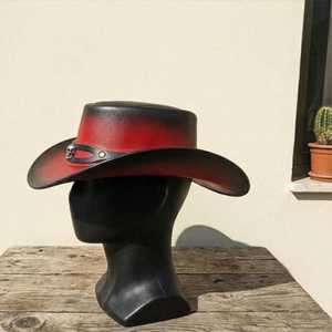 Premium Quality Custom Red Black Leather Cowboy <b>Hat</b> Skull <b>Band</b> Western Gothic Biker Outback <b>Hat</b> - Product Image 3