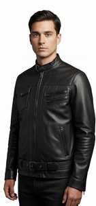 Chaqueta de Motociclista de Cuero Negro Ecológico para Hombre, Estilo Urbano, Cuello Alto, Cierre de Cremallera, Corte Ajustado, Largo Regular, Otoño Invierno - Product Image 6