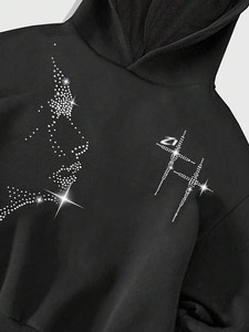 Sweat à capuche surdimensionné pour homme avec motif visage en strass, épaules tombantes, en molleton épais, style streetwear, respirant, 100% coton - Product Image 5