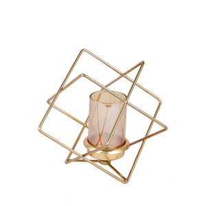 Porte-bougie géométrique en métal doré avec insert en verre, lanterne décorative pour bougie chauffe-plat, décoration intérieure et centre de table - Product Image 4