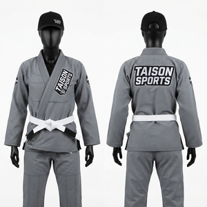 ชุดยูนิเซ็กซ์ บีเจเจ คิโมโน 160 กรัม ผ้าเพิร์ลวีฟ 100% คอตตอน สีเทา ปักโลโก้ด้านหน้า/ด้านหลัง แบบสั่งทำ แพทช์ปัก ทรงหลวม ระบายอากาศได้ดี น้ำหนักเบา - Product Image 1