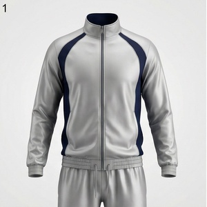 Men's Silver <b>Navy</b> Color Blocking Tracksuit Full Zip Stand Collar Sporty Design Quick Dry Polyester Autumn Wear - Product Image 1