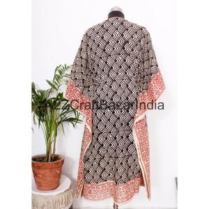 Robes Kaftan Indiennes Artisanales Écologiques en Coton Tissé, Imprimées Florales, Longueur Genou, Taille Unique, Décontractées, Taille Naturelle pour Femme - Product Image 4