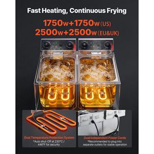 Friteuse électrique commerciale 8L à gaz double cuve 19 Qt 3500W en acier inoxydable de comptoir avec paniers et couvercles - Product Image 4
