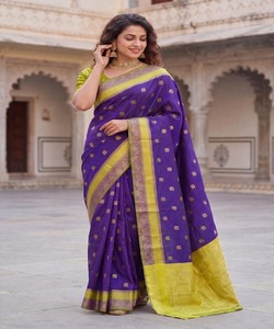 Sari de seda licuosa de lujo con tejido artesanal, blusa sin coser, ropa festiva, precio al por mayor, prenda étnica 85013 morado largo hasta el suelo - Product Image 3