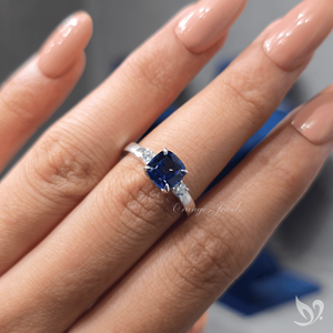 Royal Blue Cushion Sapphire Three Stone Ring 2.20 Ct Engagement Ring Lab Grown Blue Sapphire White Gold Ring - Product Image 4