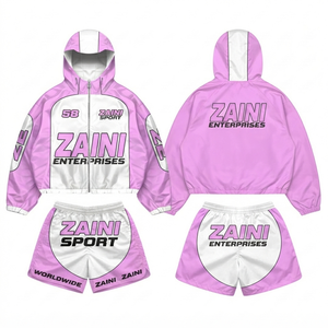 Women Windbreaker <b>Short</b> <b>Set</b> Hooded Quick Dry Winter Sports Wear 300g Polyester Taslan Black Purple Panel Design Custom OEM ODM - Product Image 1