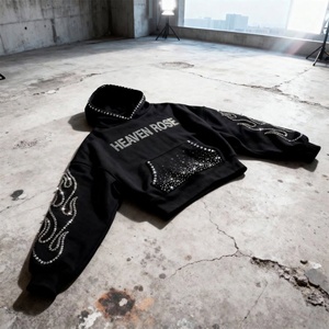 Sweat-shirt à capuche court surdimensionné OEM avec strass, logo personnalisé, manches flamboyantes en cristal, style streetwear, vente en gros, mode féminine - Product Image 5