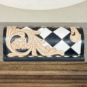 Rustic Western Style Genuine Leather <b>Pen</b> <b>Organizer</b> Hand Carved Floral and Diamond Checker Pattern <b>Pen</b> Holder for Corporate Gifts - Product Image 4