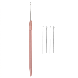 Rose Gold Steel Wire Hair Extension Loop <b>Threader</b> <b>Needle</b> Tool Textured Handle Micro Bead Pulling Latch Hook Fitting Hardware Set - Product Image 1