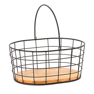 Modern Black Wire Fruit <b>Basket</b> with Wooden Base Kitchen Countertop Oval Metal Wire <b>Storage</b> <b>Basket</b> Holder Bowl with Handle - Product Image 1