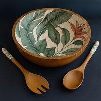 Bol rond en bois de grande taille, de haute qualité, avec autocollant émaillé imprimé, pour servir, mélanger, salade, soupe, fait main, personnalisé.