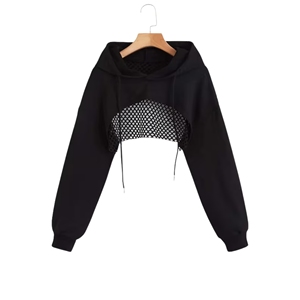 Sudadera con Capucha Negra para Mujer, con Espalda de Malla, Manga Larga, Color Sólido, Tejida, Transpirable, Informal de Invierno, Ecológica, de Poliéster - Product Image 4