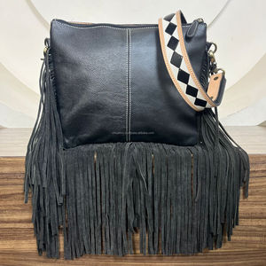 Bolso de hombro con flecos de cuero a cuadros para mujer a precio de fábrica y cartera plegable de piel de vaca auténtica a juego, conjunto de 2 piezas - Product Image 5