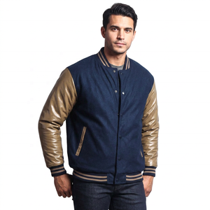Men's Navy Blue Varsity Jacket Tan Sleeves Regular Fit <b>Covered</b> <b>Button</b> Closure Casual Winter Breathable Anti-Bacterial Quick Dry - Product Image 1