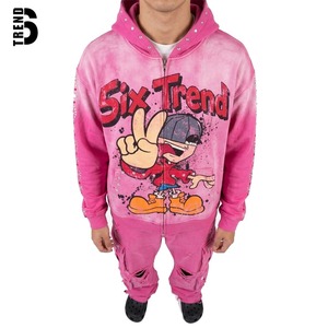 Sudadera con Capucha Personalizada para Hombre, Color Rosa, Lavado Ácido, con Pedrería, 450GSM, Estilo Urbano Y2K, Estampado Gráfico de Dibujos Animados, Corte Holgado - Product Image 1