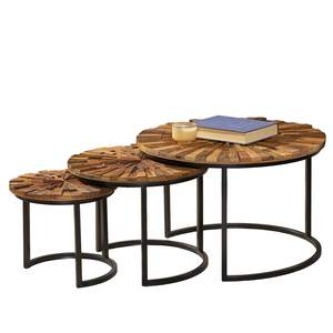 Ensemble de trois tables basses gigognes en bois recyclé massif, plateau rustique, base en métal, finition industrielle noire et naturelle, pour salon - Product Image 2