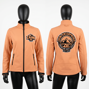 เสื้อแจ็คเก็ตซอฟต์เชลล์ผู้หญิงพรีเมียม 320 GSM โพลีเอสเตอร์ผสมสแปนเด็กซ์ ดีไซน์ลายพีช ปักโลโก้ตามสั่ง เสื้อแจ็คเก็ตผู้ชาย - Product Image 1