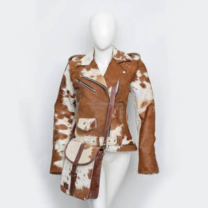 MH <b>Womens</b> Genuine Leather Cowhide Knitted Winter Ranch Style Zipper <b>Jacket</b> <b>Brown</b> & White Cow Print Eco-Friendly - Product Image 3