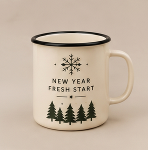 New Beginning Season Metal Camp Cup Custom Logo Printing Heavy Duty <b>Iron</b> Enamel Mug Featuring Snowflake and Pine Trees Artwork - Product Image 2