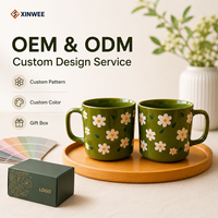 Set Mug Keramik Motif Bunga Hijau Desain Daisy OEM Mug Kopi Keramik Label Pribadi Mug Keramik Grosir Mug Keramik B2B