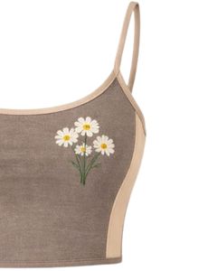Taupe Beige Women Camisole And Shorts <b>Set</b> Summer Two Piece Outfit Cotton Blend Crop Top Embroidered Daisy Drawstring Shorts - Product Image 3